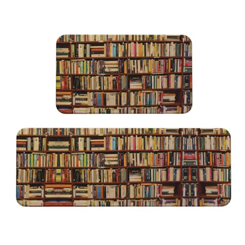 Sauberes Bücherregal-Druck, Küchenmatte, 2-teilig, Küchenteppich-Set, rutschfest, wasserdicht, Küche, Bodenmatte, für Flur, Büro