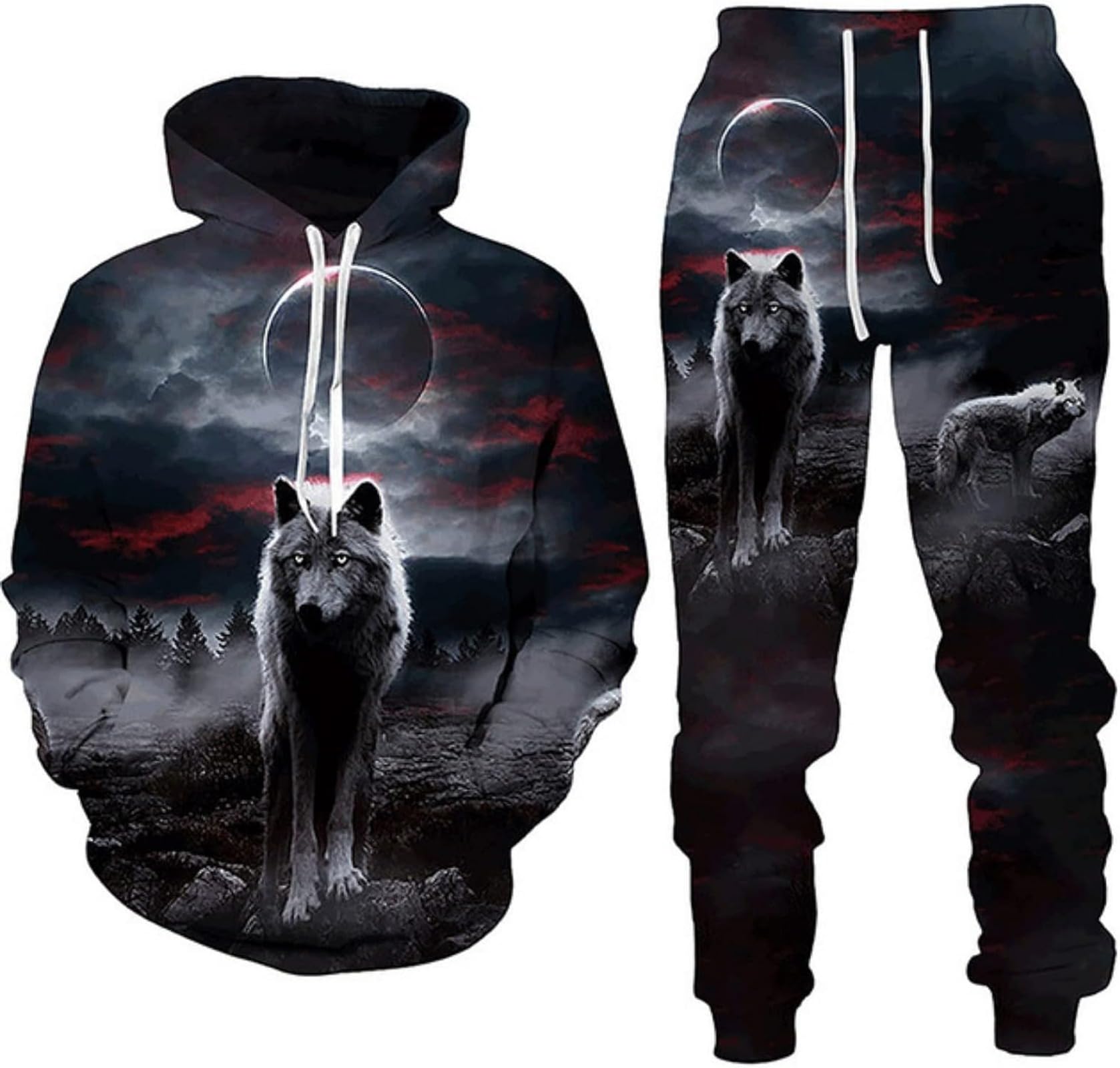 RIAAJ 3D Druckstile Wolf Herren Trainingsanzug,Hoodies+Lange Hose, Jogginganzug, 2-teiliges Set für Herren (2XL,A4)