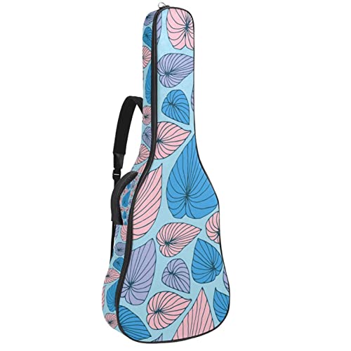 Tasche für Akustikgitarre mit mehreren Taschen Dicke Polsterung Wasserdichter Gitarrenkoffer Gig Bag 108,9x42,9x11,9 cm,Blau-Rosa-Blätter-Muster