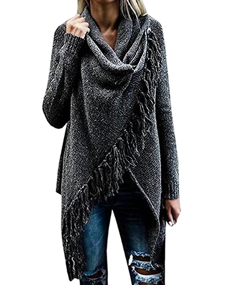 Shallgood Damen Winter Böhmen Quaste Capes Strickjacke Poncho Pullover Sweater Dunkelgrau DE 38