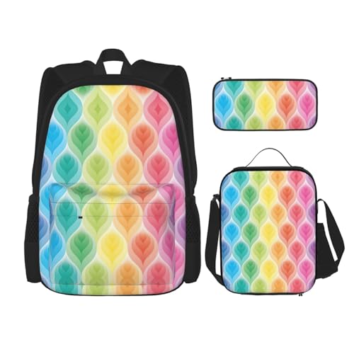 WURTON Rucksack, Lunchbox, Federmäppchen, 3-in-1, verstellbarer Rucksack, Regenbogenfarben, Farbverlauf, Blatt-Druck, trendig, 3-in-1