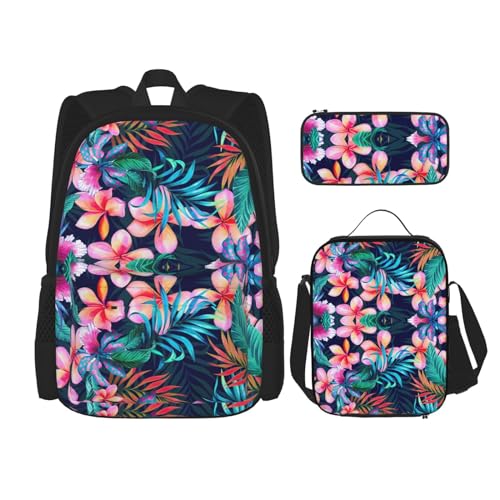 WURTON 3-in-1 Büchertaschen-Set mit tropischem Blumendruck, verstellbarer Schulter-Rucksack, Lunch-Tasche, Federmäppchen, Beutel, Schwarz, Einheitsgröße