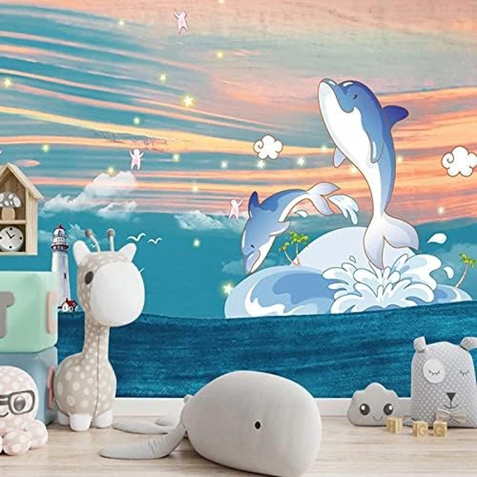 XLMING Handgemalter Cartoon-Delphin Für Kinder 3D Tapete Wohnzimmer Sofa Schlafzimmer Esszimmer Home Dekoration Wand-350cm×256cm