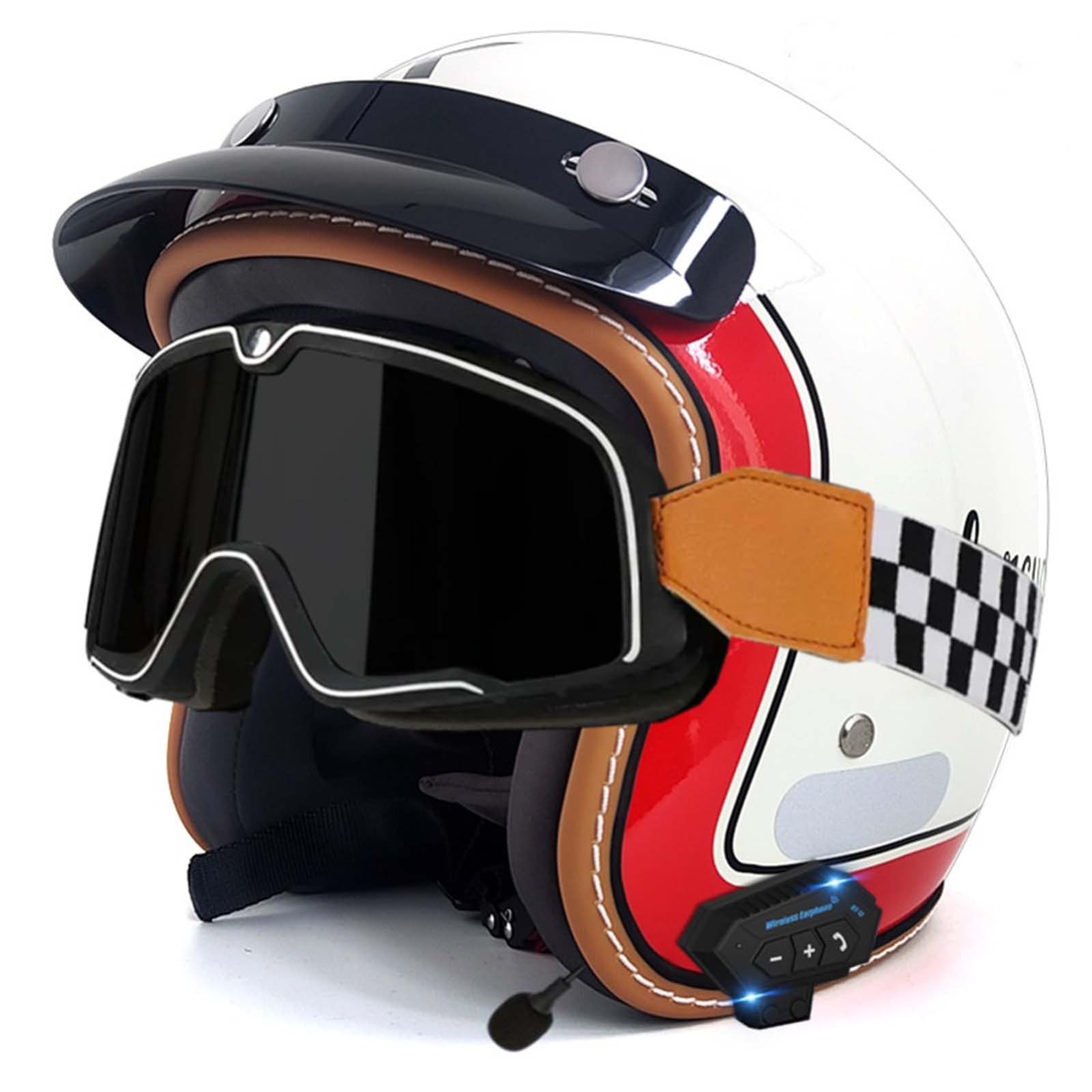 Open-Face-Helm Für Erwachsene, Bluetooth-Halbhelm, Leichter, Atmungsaktiver Retro-Scooter-Helm Mit Schnalle, DOT/ECE-Zulassung Für Männer Und Frauen A,L59-60CM