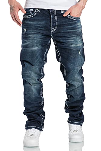 Amaci&Sons Herren Dicke Nähte Destroyed Regular Slim Jeans Denim Hose Fit 7983WD Dunkelblau W31/L32