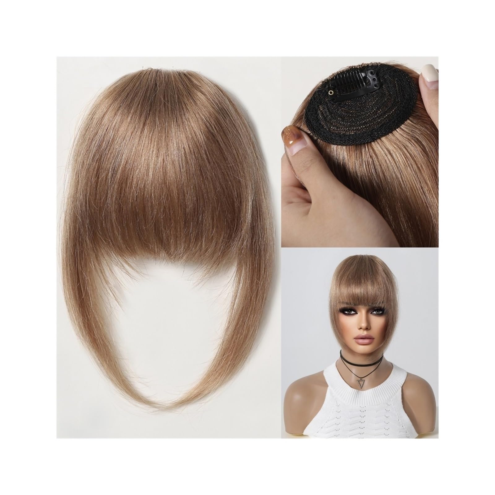 Pony Extension für Damen 100% Echthaar-Pony, natürlicher dunkelbrauner französischer Pony, Haarspange mit Fransen und Schläfen, Haarteil for Frauen, Clip-on-Air-Bang Fringe Bangs(005-3)