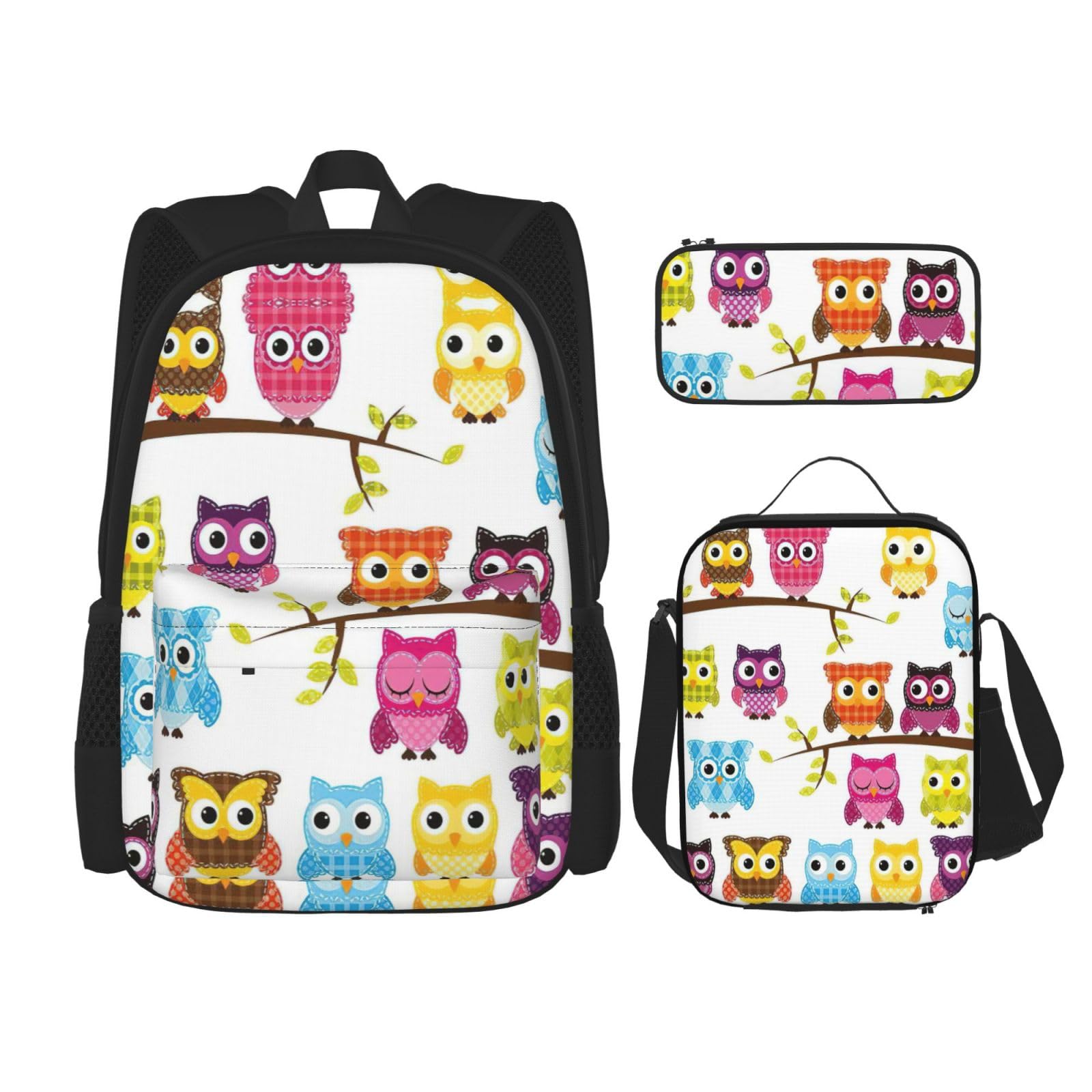 WURTON Rucksack mit Eulen-Motiv auf Ästen, für Mädchen und Jungen, Schultasche, Lunchbox, Federmäppchen und 3-in-1-Büchertaschen-Set