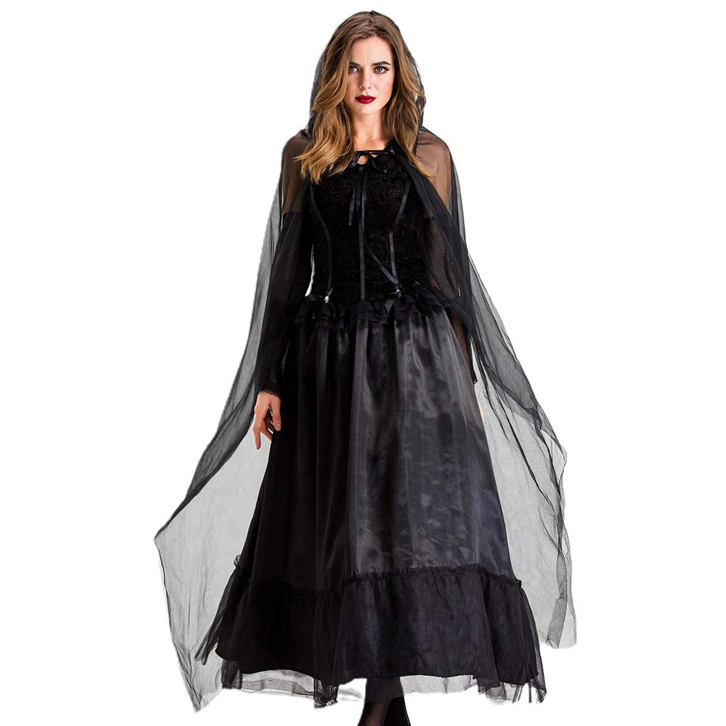 Avejjbaey Frauen Halloween Braut Schwarzes Hexenkleid Cosplay Kostüm Outfit