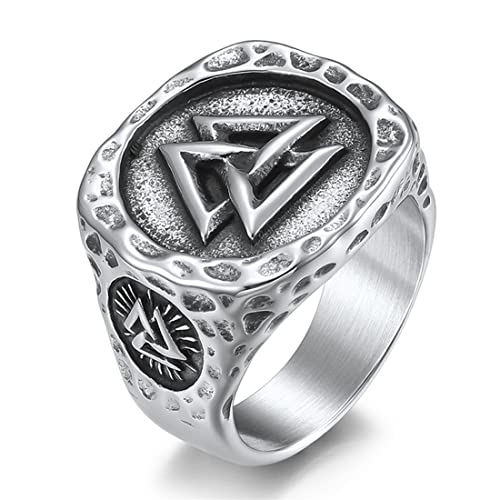 VOYADE Wikinger-Odin-Dreieckssymbol-Edelstahlring, Nordischer Herren-Vintage-Mythos Valknut-Dreiecks-Verriegelungsring,Silber,12