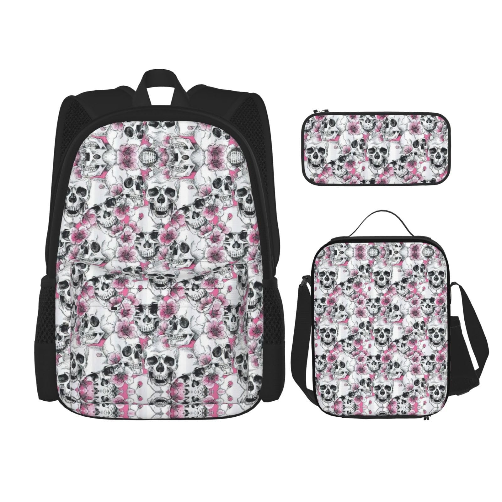 WURTON Rucksack mit Totenkopf-Motiv, für Mädchen und Jungen, Schultaschen, Teenager, Lunchbox und Federmäppchen, 3-in-1-Büchertaschen-Set