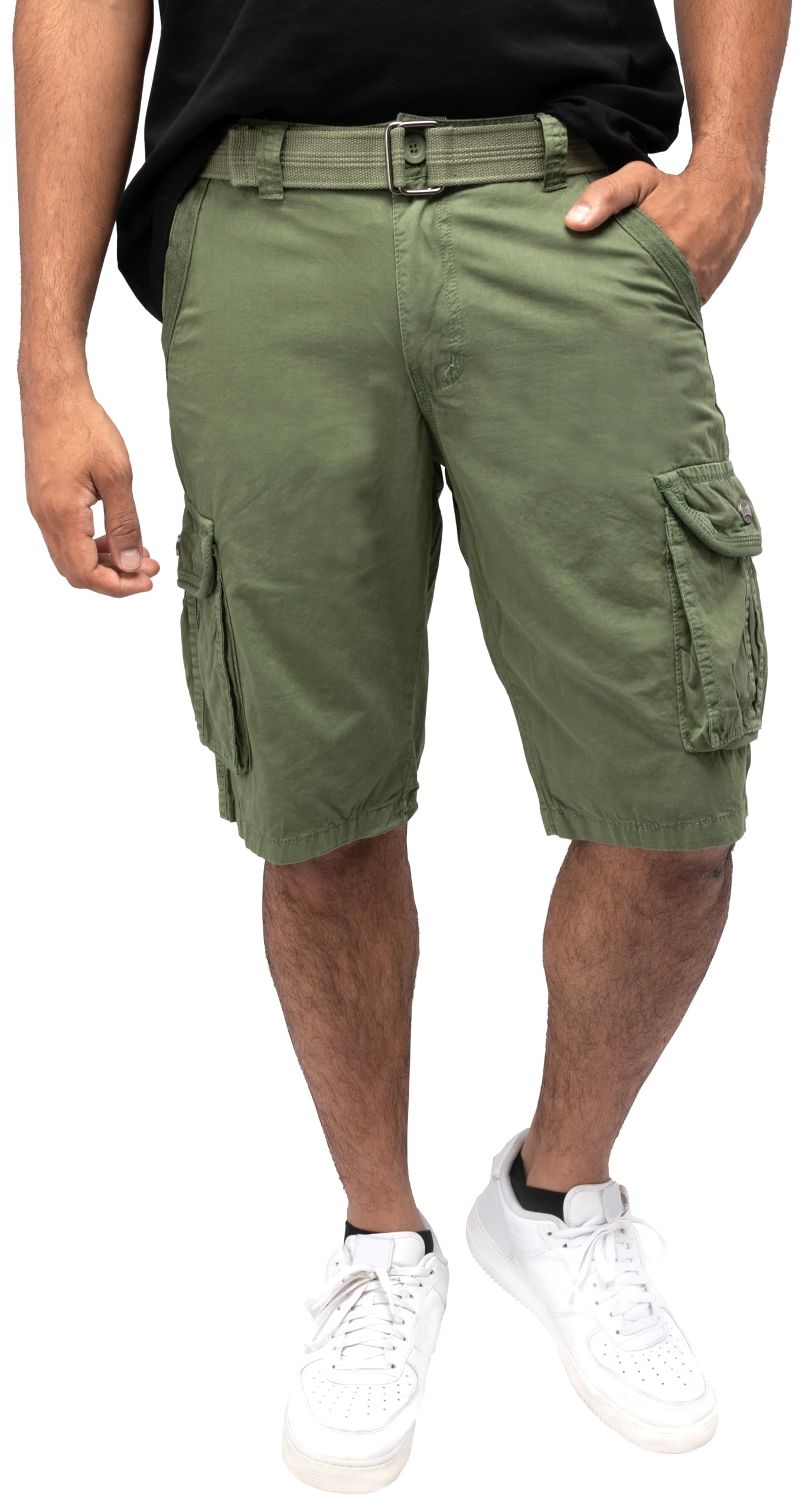 RAW X Cargo-Shorts für Herren, mit Gürtel, lockere Passform, lässig, knielang, Cargo-Shorts für Männer, Köperband, Gras, 50