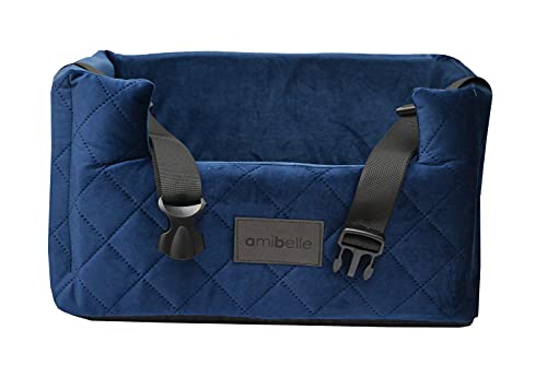 BOUTIQUE ZOO Exclusive Hunde Autositz | Autositz für Hunde, Katzen, Haustier | Rückbank, Beifahrersitz | Hundebett, Hundetasche | Wildlederimitat, Velvet | Farbe: Dunkelblau | Große: M (47x40 cm)