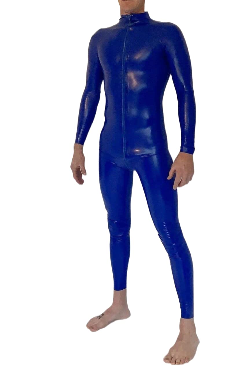 Handgefertigter blauer Latex-Catsuit aus Gummi für Zentai-Fetisch-Bodysuits mit vorderem Drei-Wege-Schritt-Reißverschluss