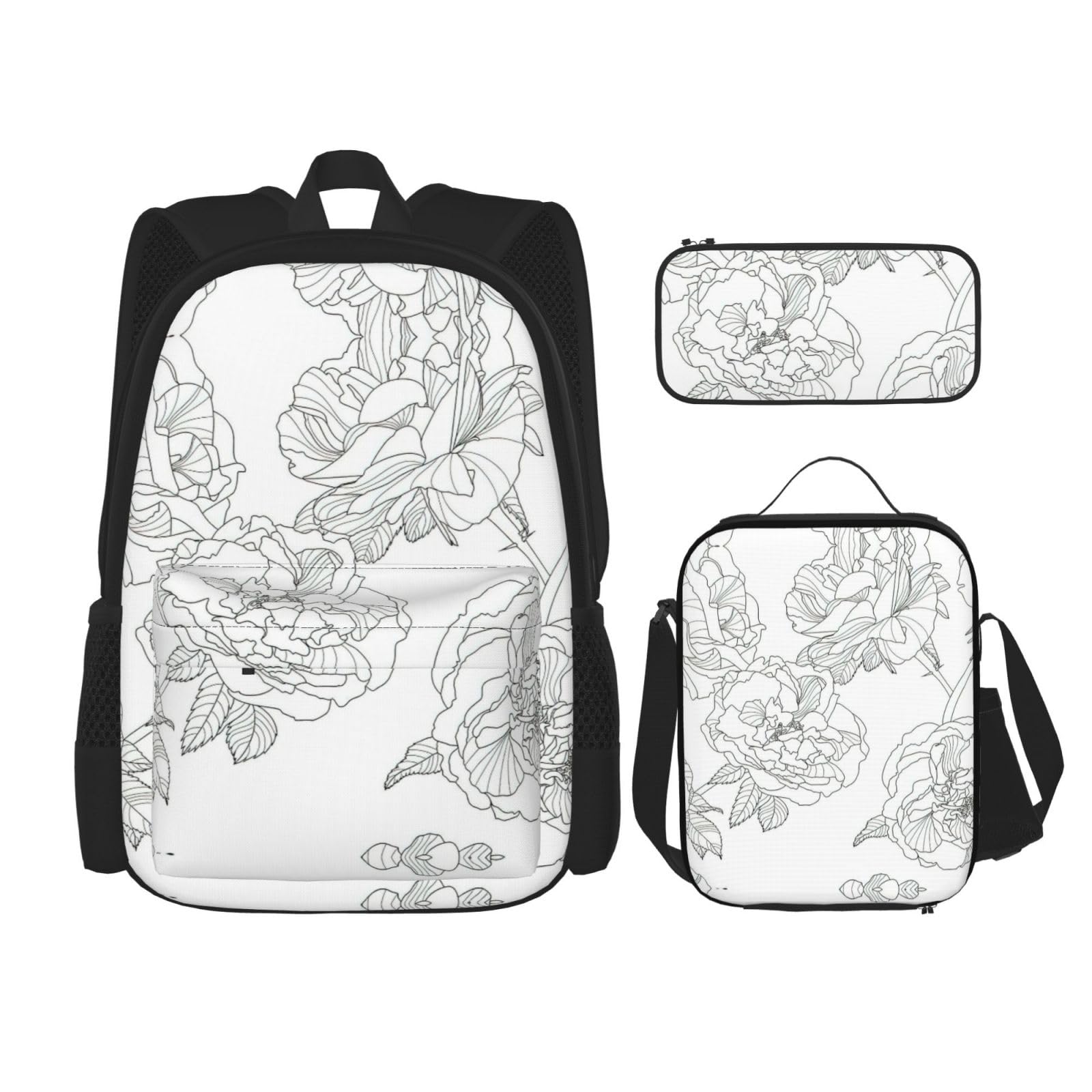 WURTON Line Floral Rose Flowers Design Print Trendy Rucksack Taschen Lunchbox und Federmäppchen 3 in 1 Verstellbarer Rucksack Set, Schwarz , Einheitsgröße