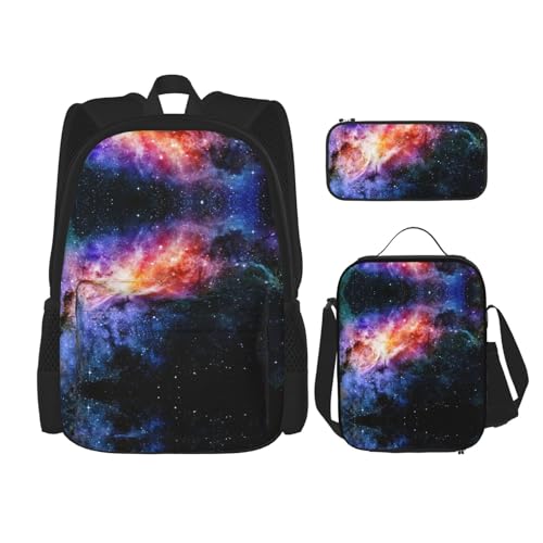 WURTON 3-in-1 Büchertaschen-Set, Motiv: Galaxie im Universum, verstellbarer Schulterrucksack, Lunch-Tasche, Federmäppchen, Beutelbox, Schwarz, Einheitsgröße