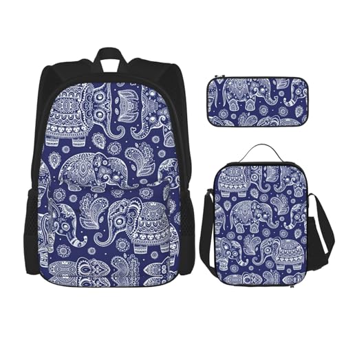 WURTON Schulrucksack-Set mit Boho-Elefanten-Druck, 3-in-1-Büchertaschen-Set mit Lunchbox, Federmäppchen, Reise-Laptop-Tagesrucksäcke