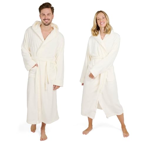 Blumtal Bademantel Damen und Herren - kuschelig weicher Fleece Bademantel mit Kapuze & praktischen Fronttaschen, Oeko-TEX® Zertifiziert, Größe XXL, Farbe Off-white - weiß