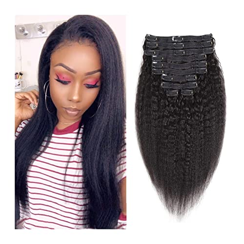 Haarverlängerungen Afro Kinky Straight Clip in Hair Extensions 9Pcs Yaki Straight Hair Pieces 10-24inch Natural Soft Thick Remy Hair Clip in Echthaarverlängerung Haarstücke (Color : Schwarz, Size :