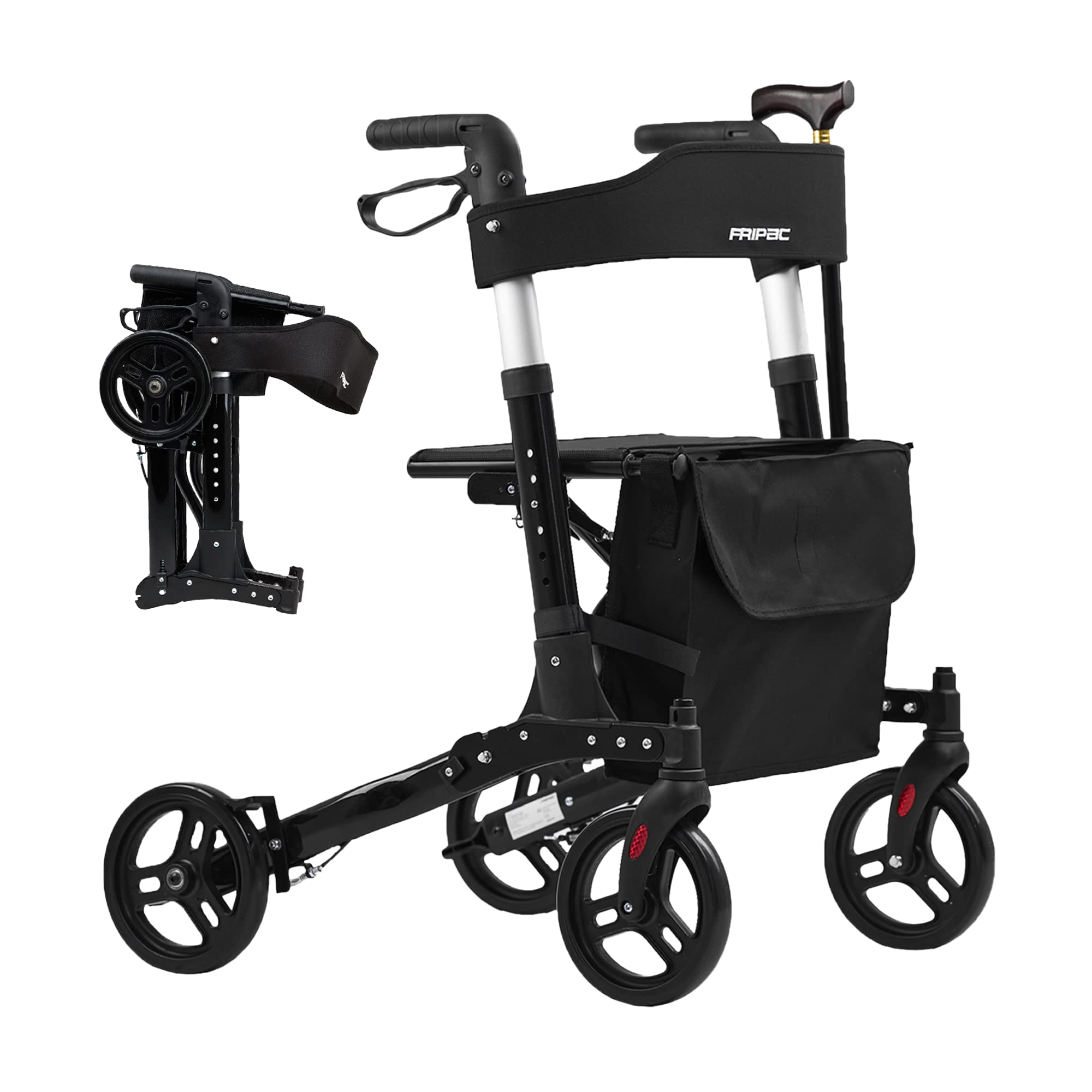 FRIPAC – Rollator faltbar und leicht mit Sitz – Leichtgewichtrollator mit stabiler Aluminium-Konstruktion – sichere Gehhilfe für Senioren – geeignet für Wohnung & Outdoor (Schwarz)