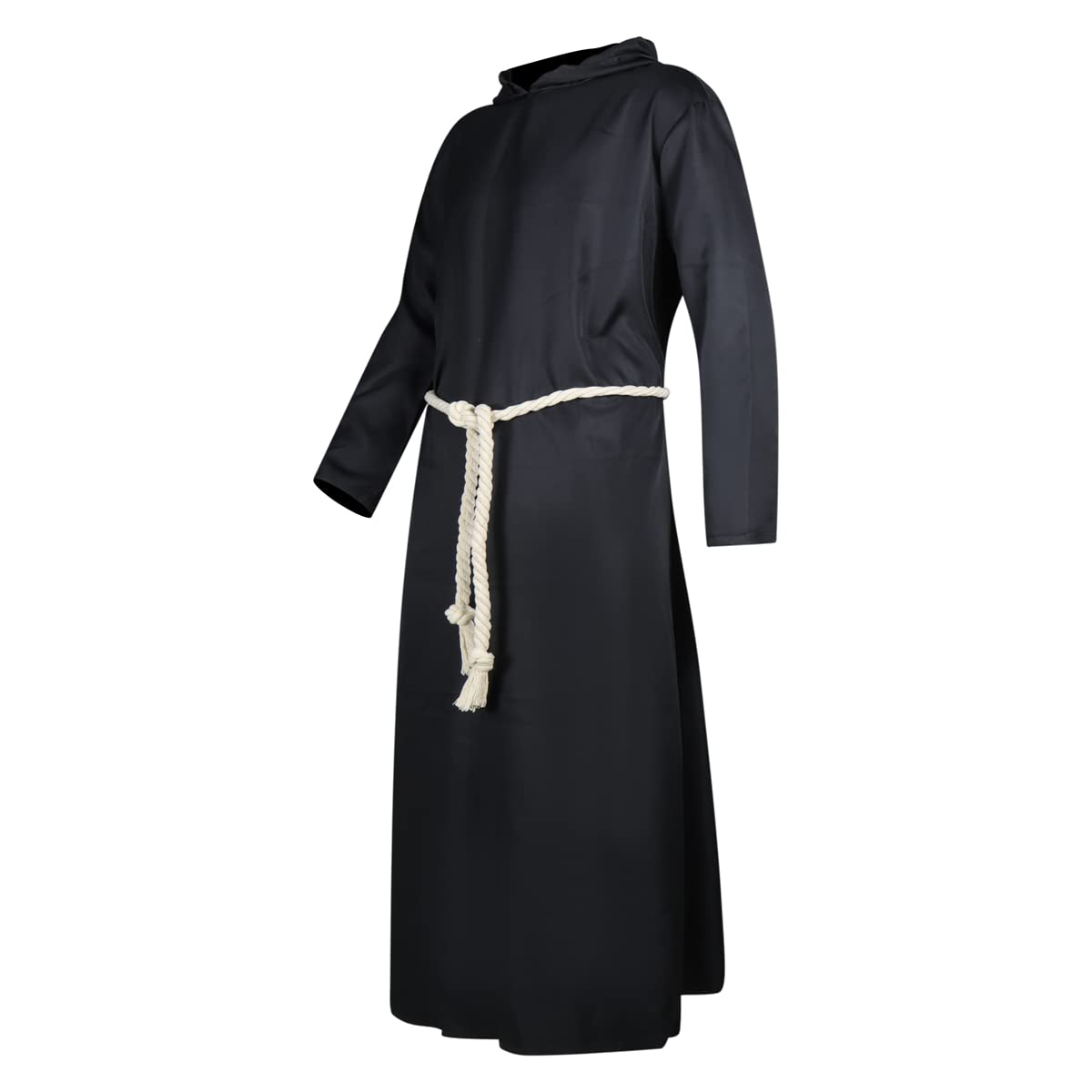 AYYOHON Mönchskostüm, Robe, schwarze Kapuzenuniform mit Kordelgürtel, für Herren, Halloween, Cosplay, Anzug, Größe XS