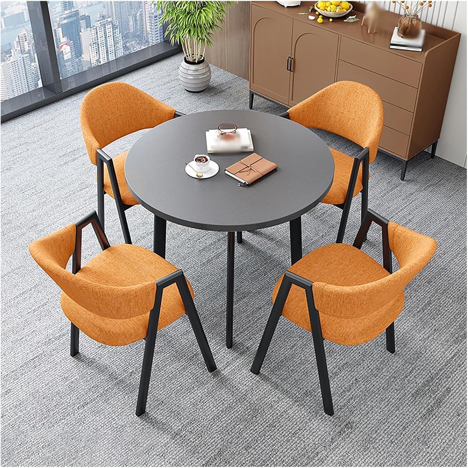 Büro-Empfangsraum-Clubtisch, kleine Konferenzraumtische, Couchtisch- und Stuhl-Set, platzsparende Möbel, Esszimmertisch-Set, Küchen-Esstisch-Set für 4, für Kombinationsbüro, Orange, Baumwoll