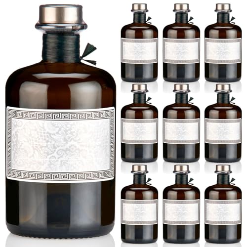 9x Apothekerflaschen braun 500ml Geschenkset mit Korken titansilber matt, Band, Kapseln & 9 Etiketten Motiv Antike, 0,5L leere Glasflaschen schwarz antik, Braunglas Flaschen für Öl, Gin uvm.