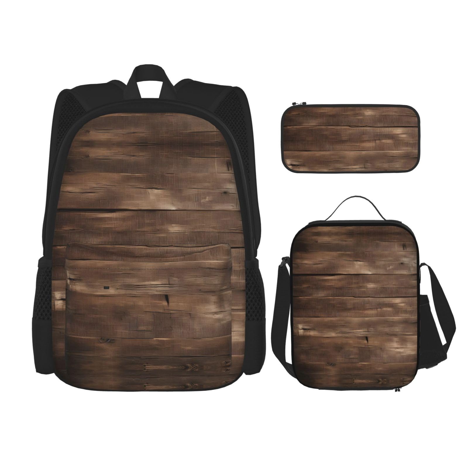 WURTON Rustikale alte Scheune, Holzdruck, Reise-Lunchbox, Federmäppchen, Rucksack-Set, 3-teilig, verstellbare Riemen, leicht