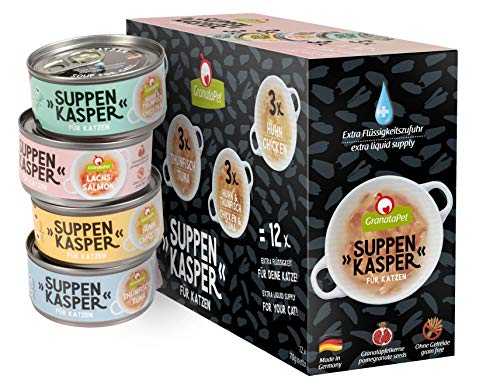 GranataPet Suppenkasper Multipack, Snacks für Katzen, Suppen gegen den kleinen Hunger, Leckerchen für extra Flüssigkeitszufuhr, Katzenfutter ohne Getreide & ohne Zuckerzusätze, 12 x 70 g