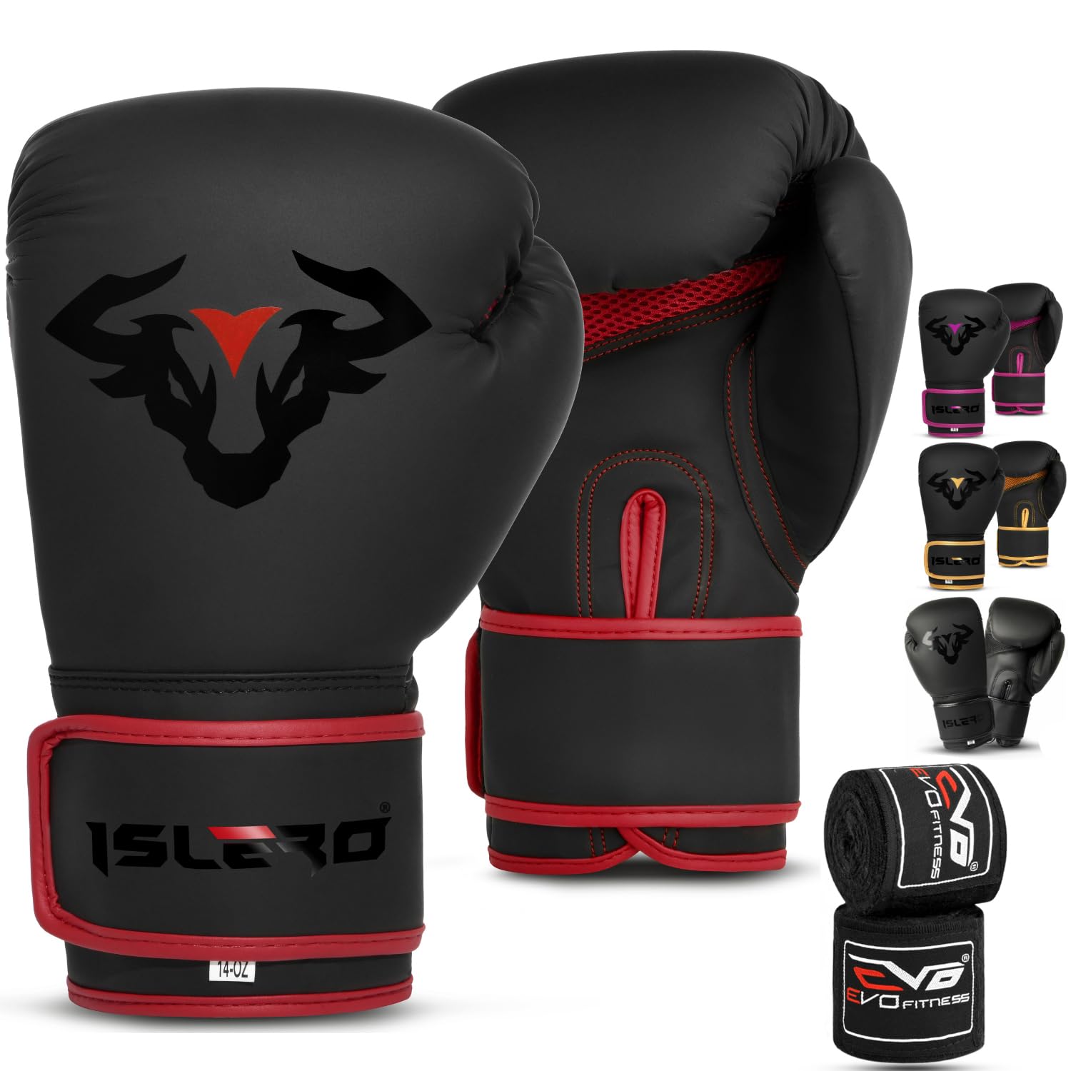 Islero EVO Fitness Mattschwarze Boxhandschuhe für Herren, Boxsack, Damen, Pink, MMA Muay Thai, Kampfsport, Kickboxen, Sparring, Training, Kampfhandschuhe, mit Handbandagen (473 g, rot)