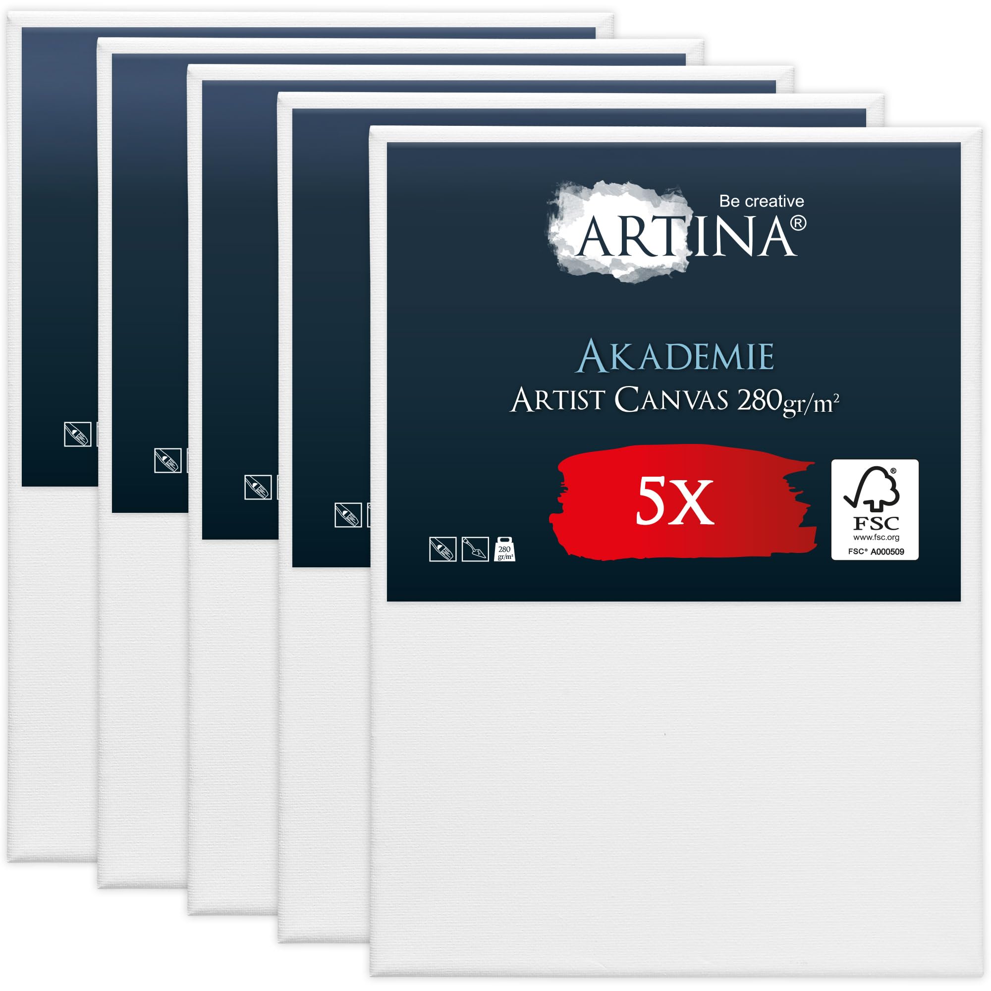 Artina FSC® Keilrahmen 5er Set Akademie 50x70 cm – Leinwand Set Maltuch aus 100% Baumwolle Leinwände 280 g/m² - Keilrahmenset Leinwand zum Bemalen für Acryl-, Aquarell-, Ölfarbe UVM