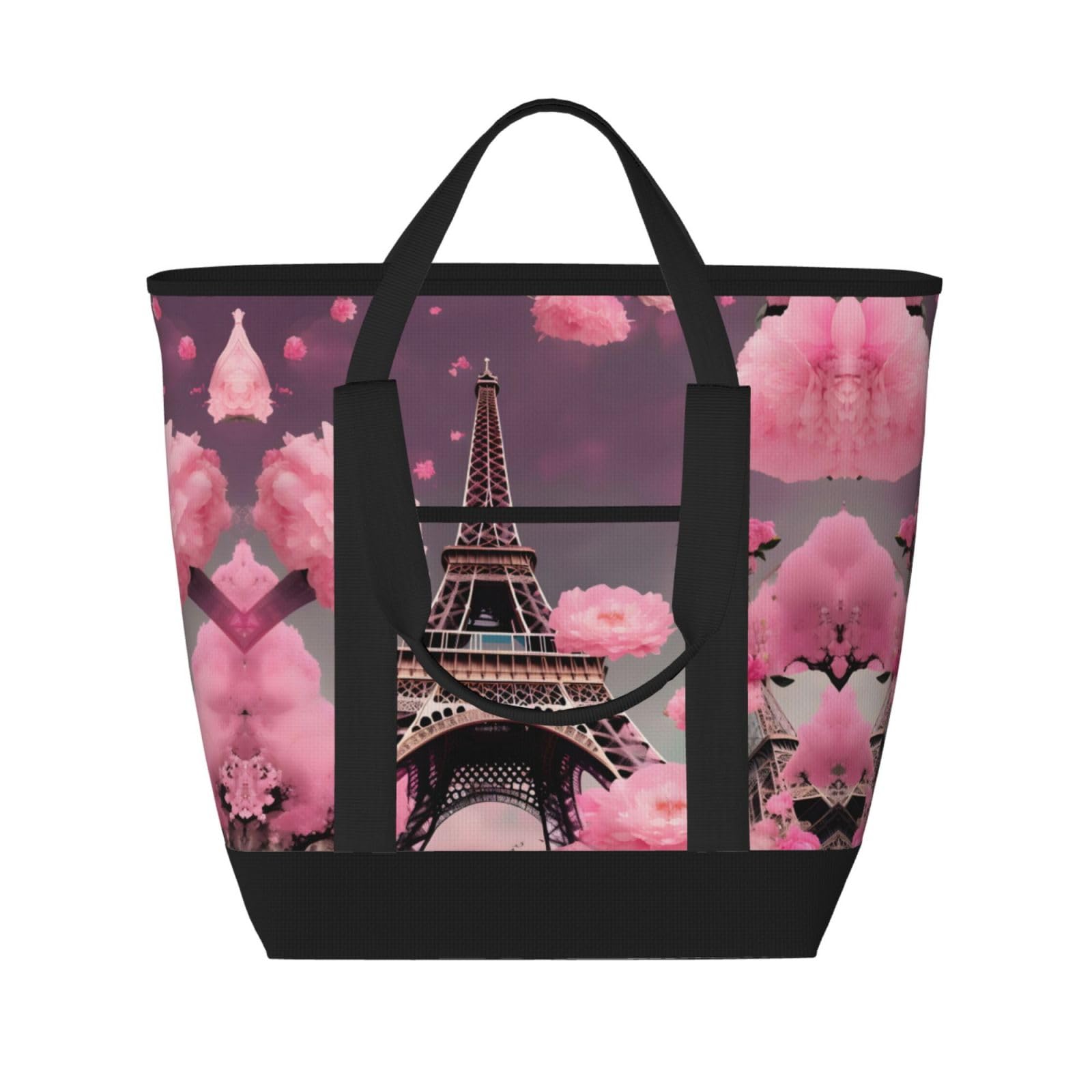 YQxwJL Paris Street Eiffelturm rosa Blumendruck, großes Fassungsvermögen, isolierte Kühltasche, Einkaufstasche, Reisetasche, Strand, wiederverwendbare Einkaufstasche für Erwachsene, Schwarz,