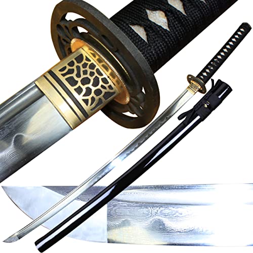 Katana Schwert Scharf Echt Handgefertigt Gemusterter Stahl Brünieren Von Lehm Samurai Schwert