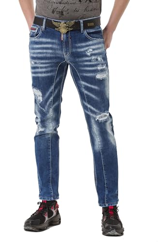 Cipo & Baxx Herren Jeans Hose Used Destroyed Regular Fit Naht Design Denim Pants CD781 Blau W36 L32