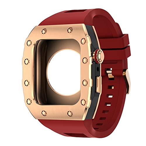 KANUZ 44 mm 45 mm Modifikationsset für iWatch Serie 7, 6, 5, 4 SE, Metallgehäuse, Silikonband für Apple Watch, Gummiband, Stoßfängerabdeckung (Farbe: RG-BB-R, Größe: 45 mm)