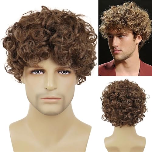 Perücke Männer Natürliche hitzebeständige Cosplay-Party-Perücke, synthetische Herrenperücke, Schwarz-Mix aus grauem Haar, kurze lockige Perücke for männliche Vater-Geschenk-Perücke Toupet für Herren(B