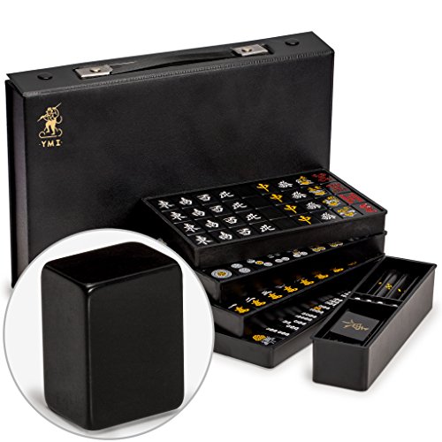 Yellow Mountain Imports Japanisches Riichi Mahjong Set - Schwarze Standardgröße Ziegel und Vinyl-Koffer - mit Ostwind-Ziegel, Set mit Wettstäben & Würfeln