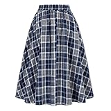 WINDEHAO Herbst Winter Damen Rock mit hoher Taille, Vintage-Stil, eleganter karierter Wollrock, A-Linie, plissierter, elastischer Taillenbund, langer Rock (blau, L)