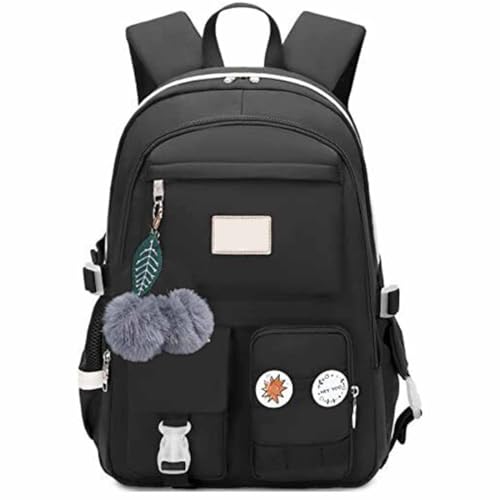 Kawaii Rucksack Mit Kawaii Pin und ZubehöR,Kawaii Rucksack für Schule,Niedlicher äSthetischer Rucksack,GroßE KapazitäT Canvas Rucksack Leicht Casual Daypack für Teen MäDchen Frauen Damen (black)