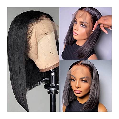 Perücken Kurze Bob-Perücke Lace Frontal Perücke Brasilianisches Echthaar 8-16" lange glatte transparente Spitzenperücken Glatte Remy-Haar-Perücken 150% Dichte Damenperücke(Color:13x1 Lace Wig,Size:12i