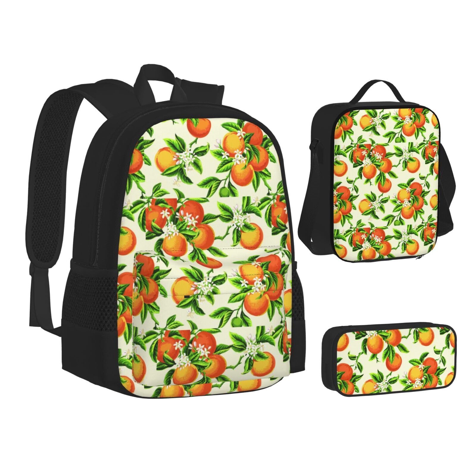 WURTON Teen-Rucksack mit gelben Blüten und orangefarbenen Früchten, 3-in-1 (Federmäppchen + Schultasche + Lunchtasche)