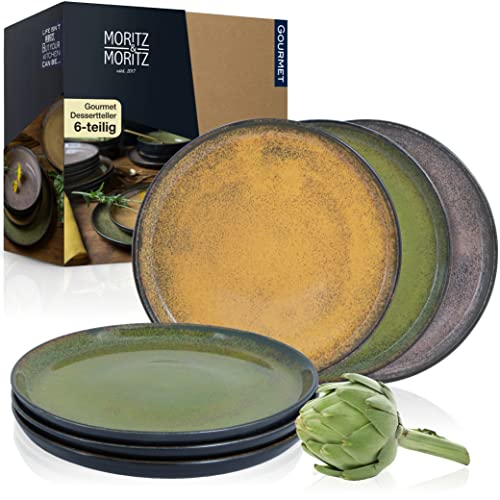 Moritz & Moritz 6er Dessert Teller Set in den Vintagetönen Rot, Gelb und Grün - Kuchenteller für 6 Personen - Porzellan spülmaschinen- und mikrowellengeeignet