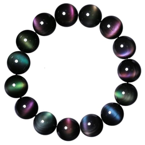 AIHEDOUJ Kristall-Armband, natürlicher Regenbogen-Heller Obsidian, handgefertigtes Edelstein-Kristall-Rundperlen-Stretch-Armband für Damen und Herren