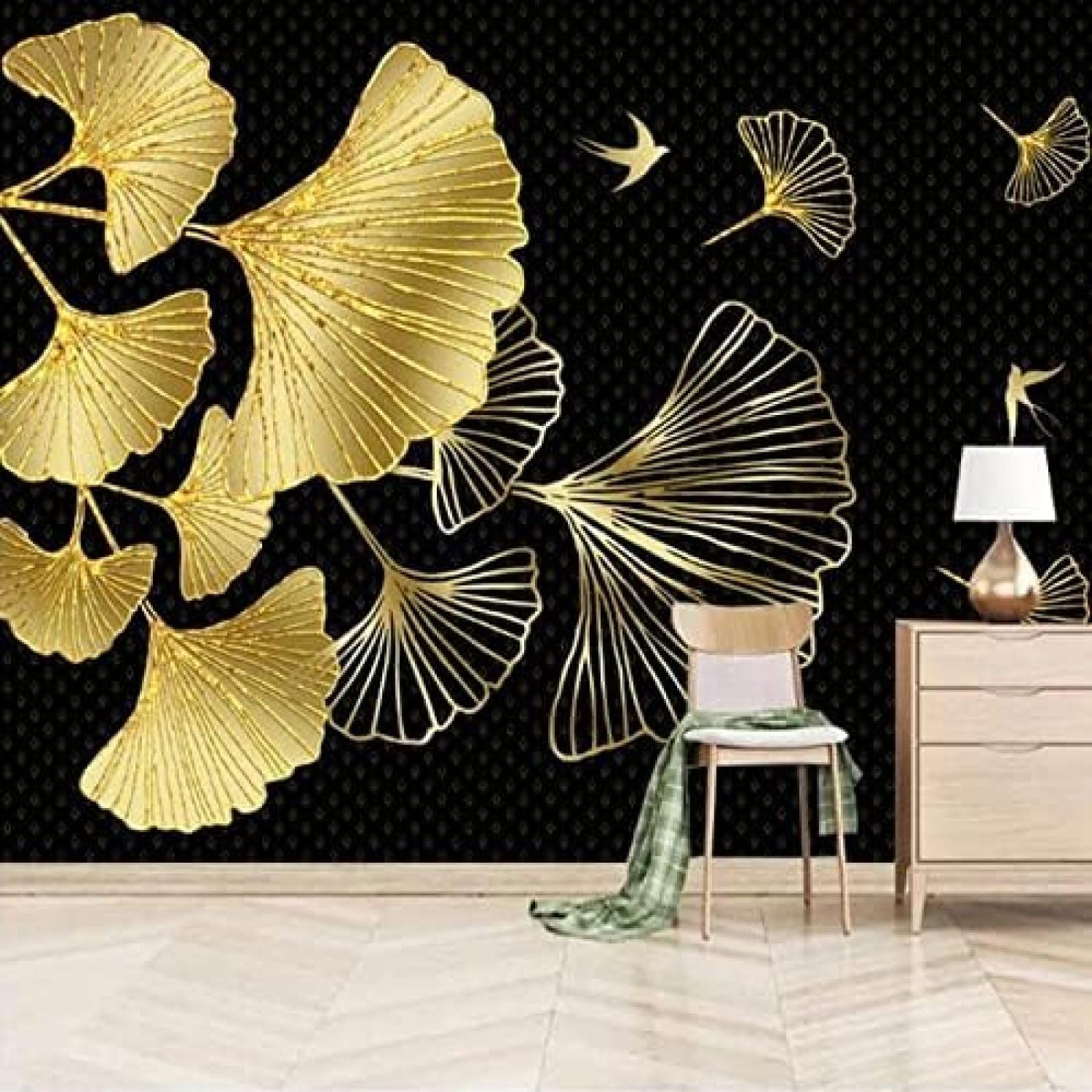 XLMING Goldener Ginkgo Biloba 3D Tapete Wohnzimmer Sofa Schlafzimmer Esszimmer Home Dekoration Wand-430cm×300cm