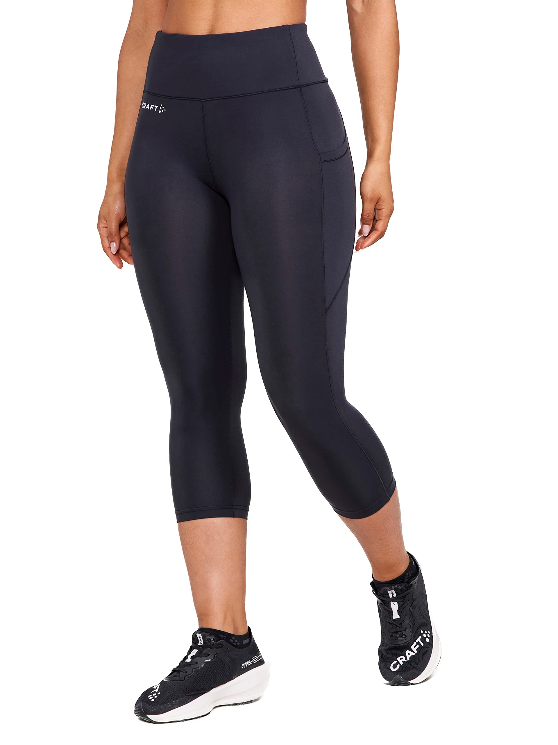 Craft ADV Essence Capri Tights 2 W | Damen Sporthose S | Black | Sport Hosen Damen mit 2 großen Taschen und Kleiner Schlüsseltasche | Trainingshose Damen mit extra breitem Bund