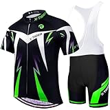 Herren Radtrikot Set Kurzarm mit 5D Sitzpolster für MTB Rennrad Fahrrad Radtrikot + Trägerhose Radsportanzug (Grün/Kurzarm Radtrikot + Trägerhose, XXL)