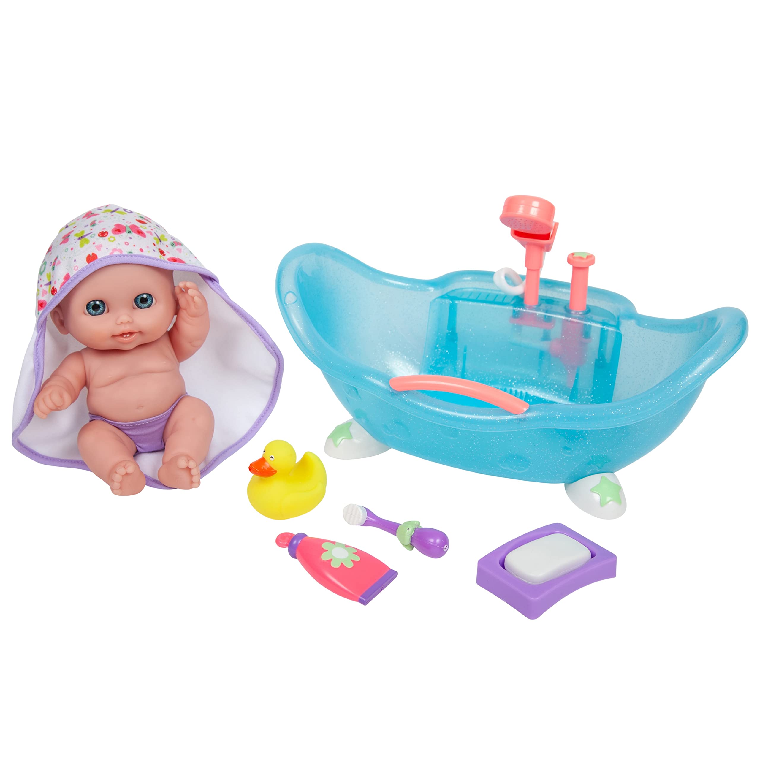 JC TOYS Lil' Cutesies Puppe aus weichem Vinyl, 21 cm, inklusive Badewanne mit funktionaler Dusche und 5 Zubehörteilen, ideal zum Spielen, blau, entworfen von Berenguer, 2 Jahre