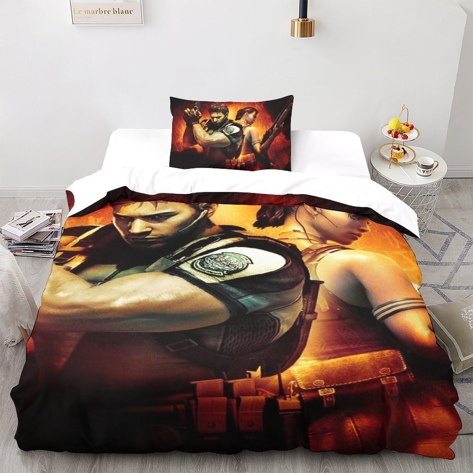 UKALOU Resident Evil 3D-Print Hochwertige Duvet-Cover-Sets Aus Weicher Mikrofaser Spielfiguren 3-teilig Mit Verstecktem Reißverschluss Und Passenden Kissenbezügen Für Erholsamen Schla Single（135x