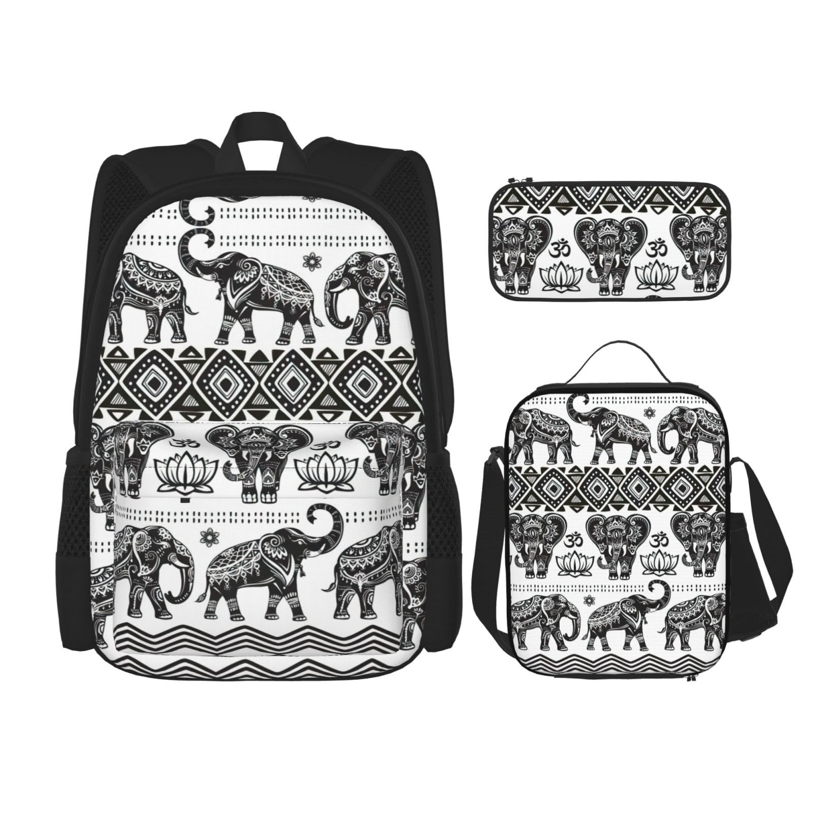 WURTON Böhmisches Elefantenmuster, trendiger Rucksack, Tasche, Lunchbox und Federmäppchen, 3-in-1, verstellbares Rucksack-Set