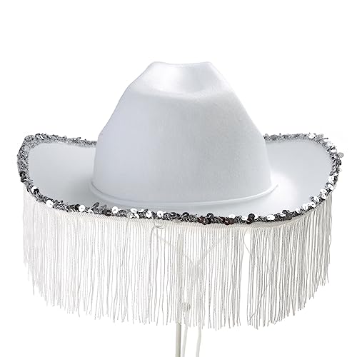 LIbgiubhy Cowgirl-Hut mit Strasssteinen, Glitzer, Kuh-Mädchen-Hut mit Pailletten, Strass, Fransen, Erwachsenengröße, für Party, 3 Farben