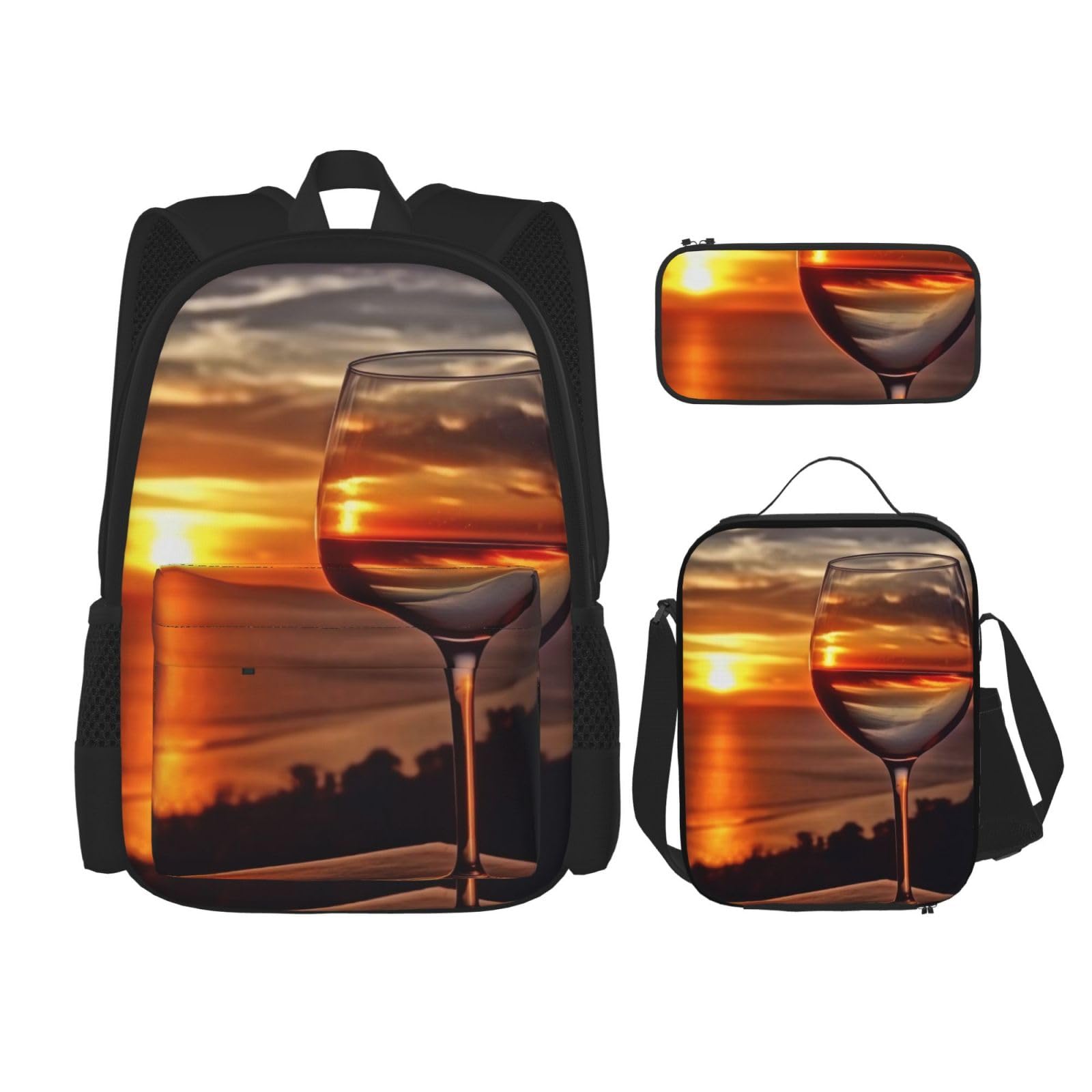 DENMER Mehrzweck-Schultasche für Weingläser, Sonnenuntergang, mit passendem Federmäppchen und Lunch-Tasche, Ihre stilvolle All-in-One-Lösung